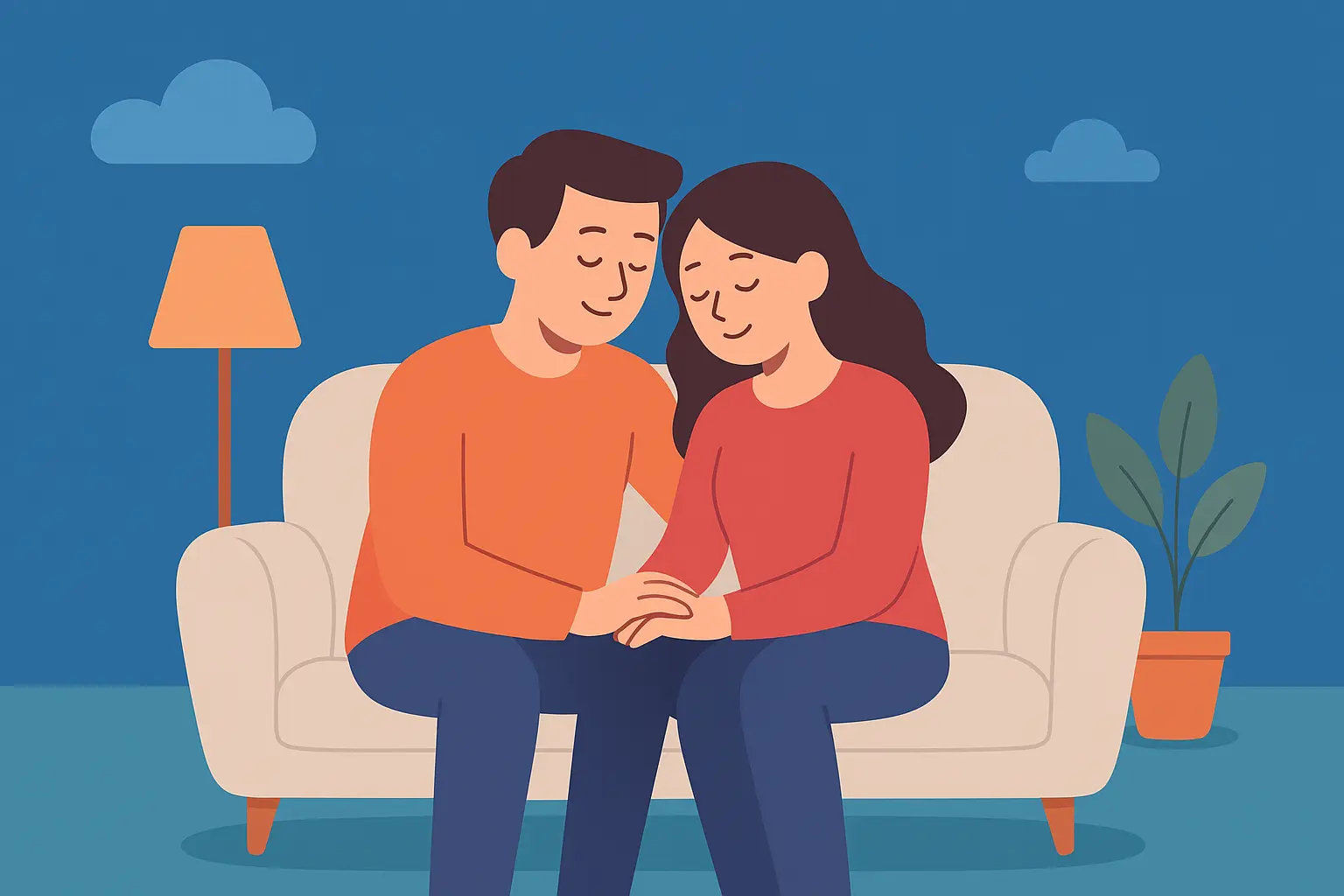 Cartoon couple sitting together on a couch