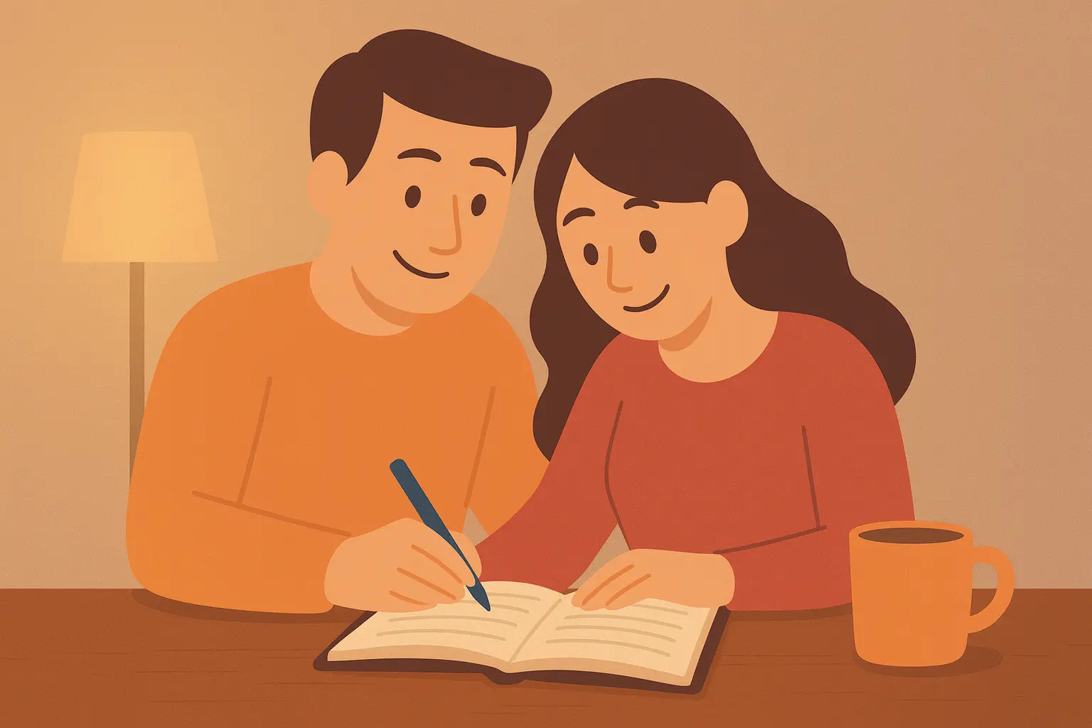 Cartoon style image of couples journaling together